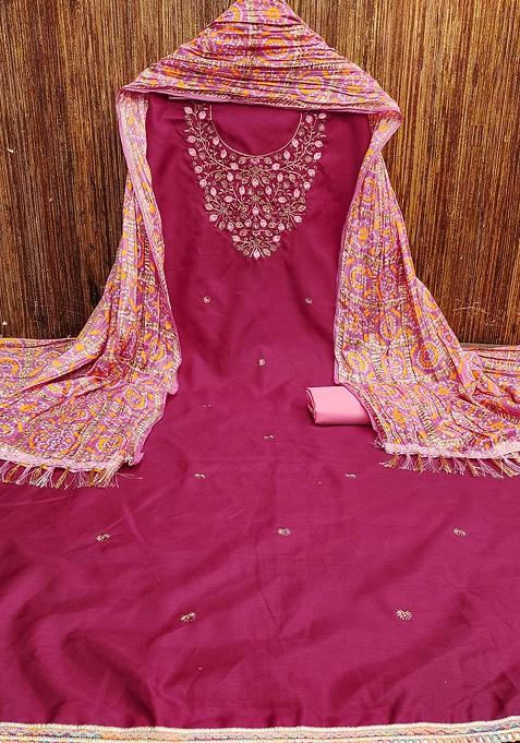 Magenta Embroidered Poly Blend Kurta Set