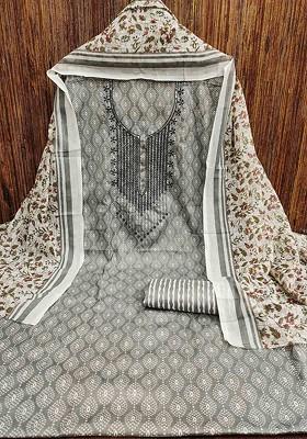 Grey Floral Print Poly Blend Kurta Set