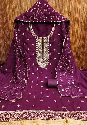 Purple Embroidered Poly Blend Kurta Set