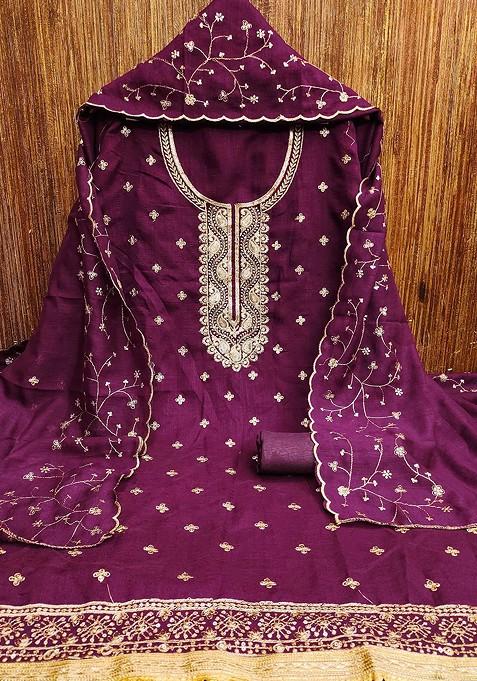 Purple Embroidered Poly Blend Kurta Set