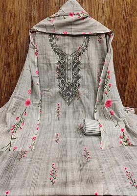 Grey Floral Print Poly Blend Kurta Set