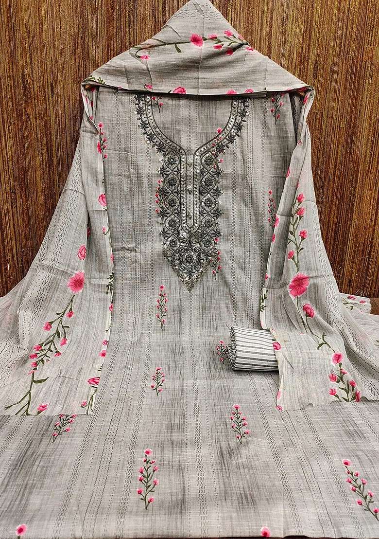 Grey Floral Print Poly Blend Kurta Set - Indya