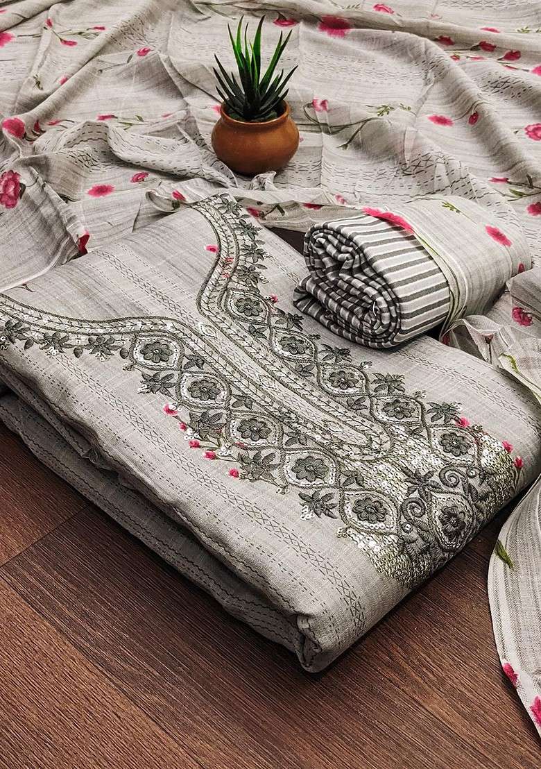 Grey Floral Print Poly Blend Kurta Set - Indya