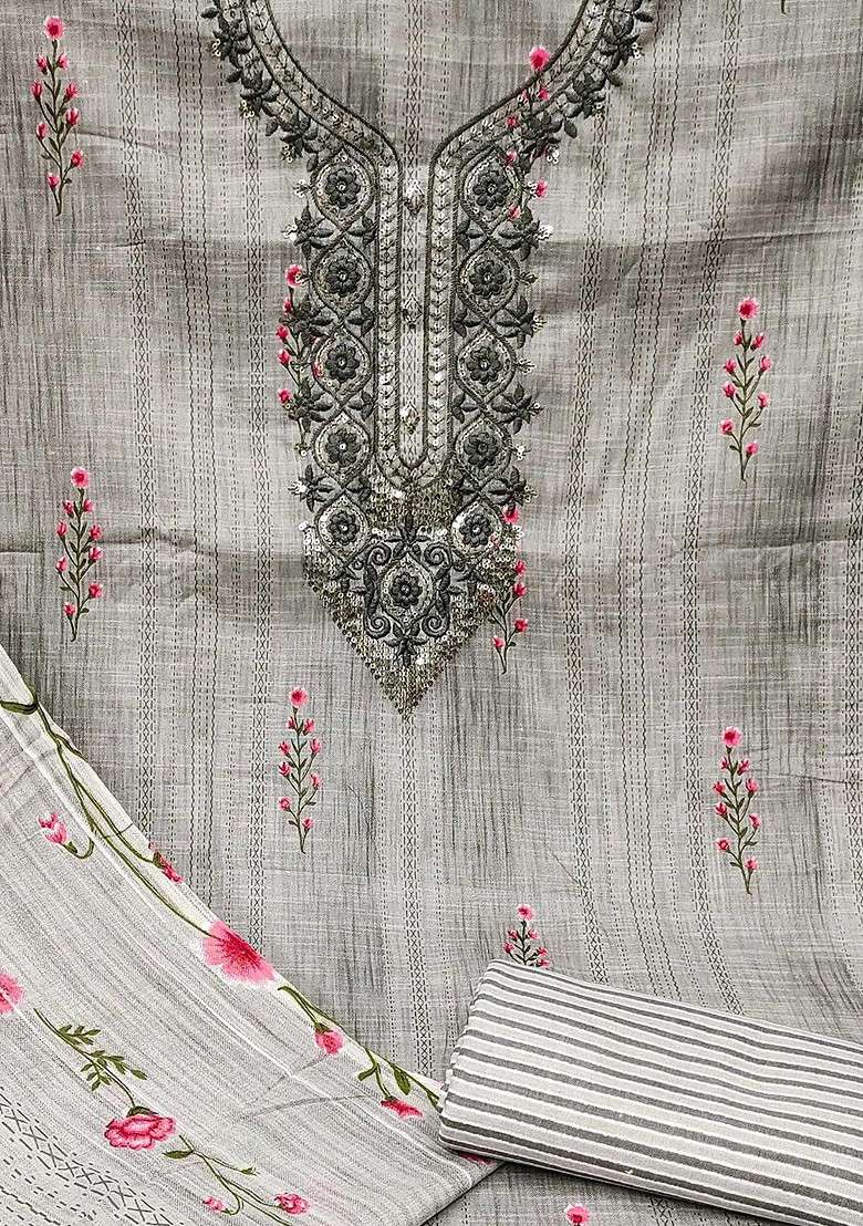 Grey Floral Print Poly Blend Kurta Set - Indya