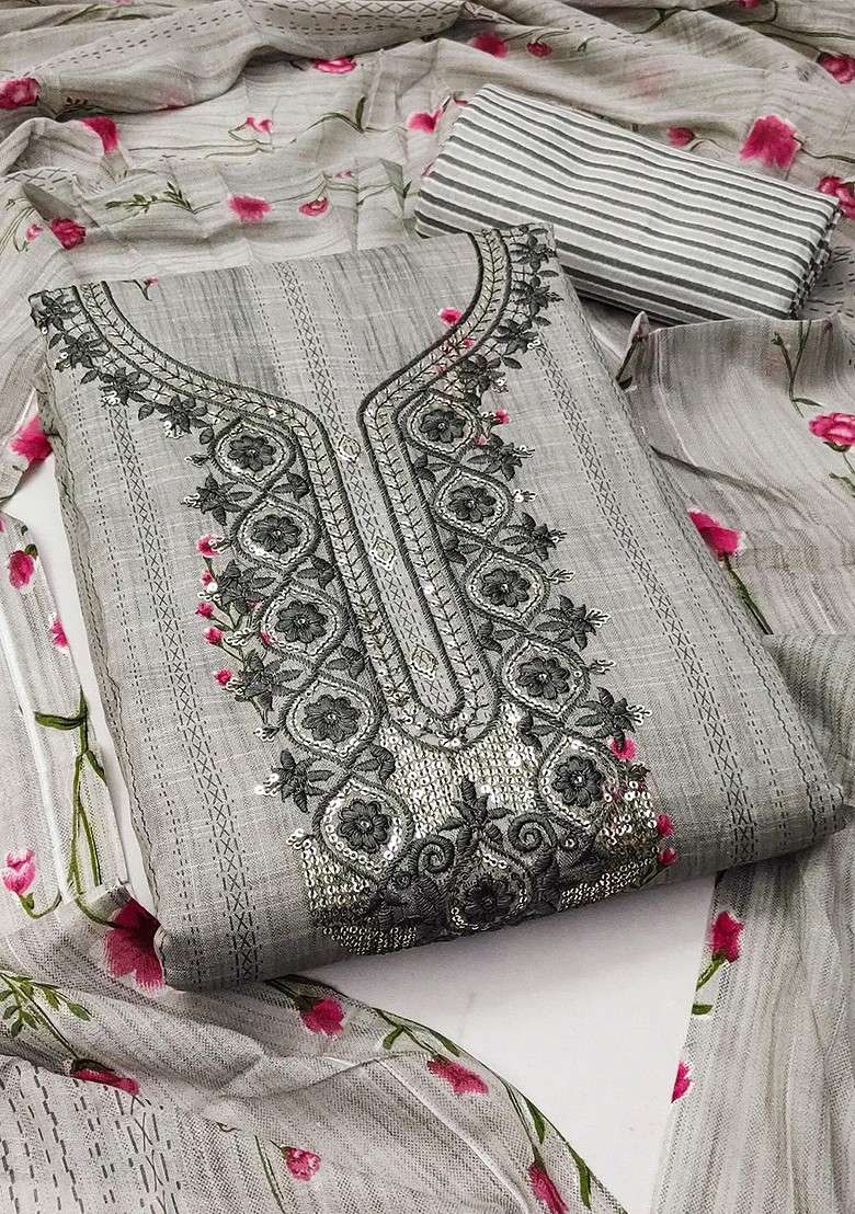 Grey Floral Print Poly Blend Kurta Set - Indya