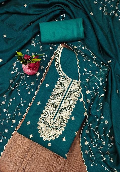 Teal Embroidered Blended Straight Kurta Set