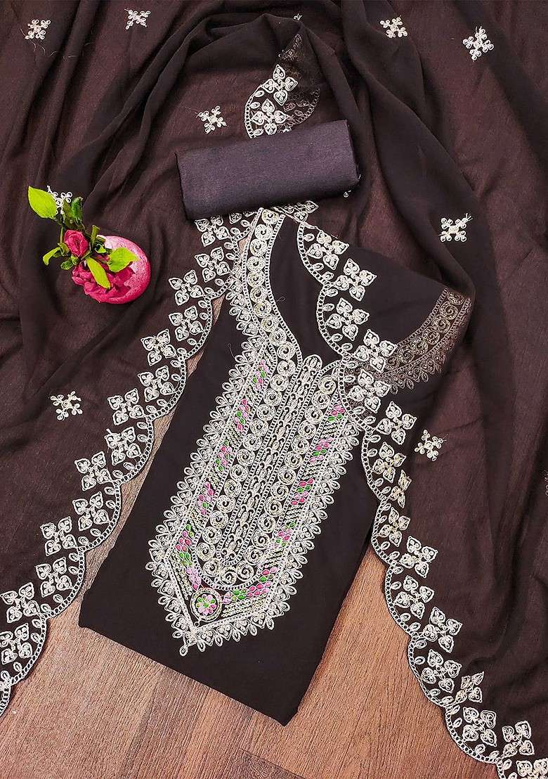 Brown Embroidered Blended Straight Kurta Set - Indya