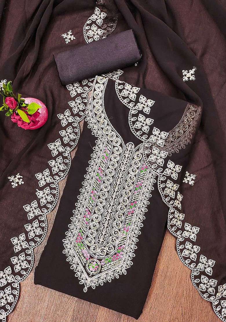 Brown Embroidered Blended Straight Kurta Set - Indya