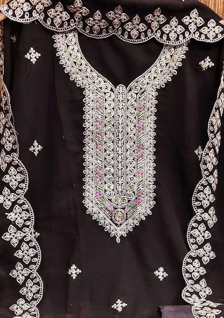 Brown Embroidered Blended Straight Kurta Set - Indya