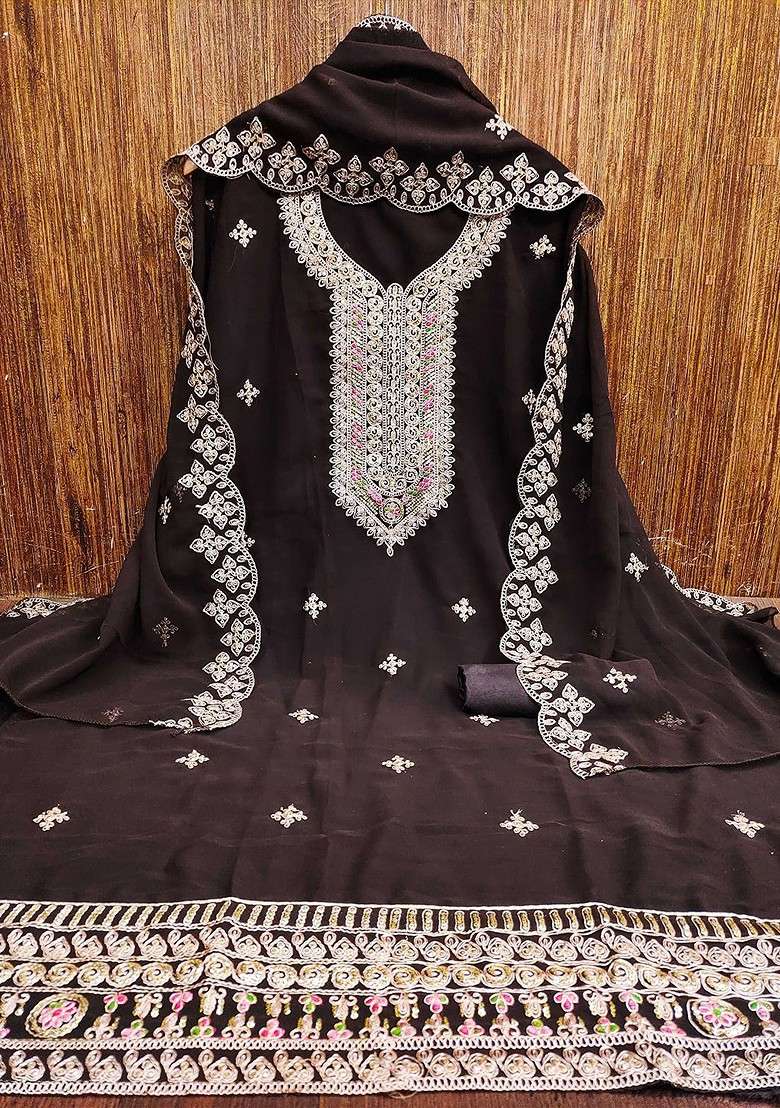 Brown Embroidered Blended Straight Kurta Set - Indya