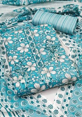 Blue Floral Print Poly Blend Kurta Set