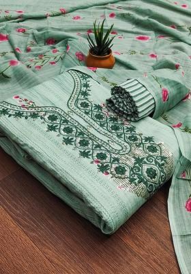 Sea Green Floral Print Poly Blend Kurta Set