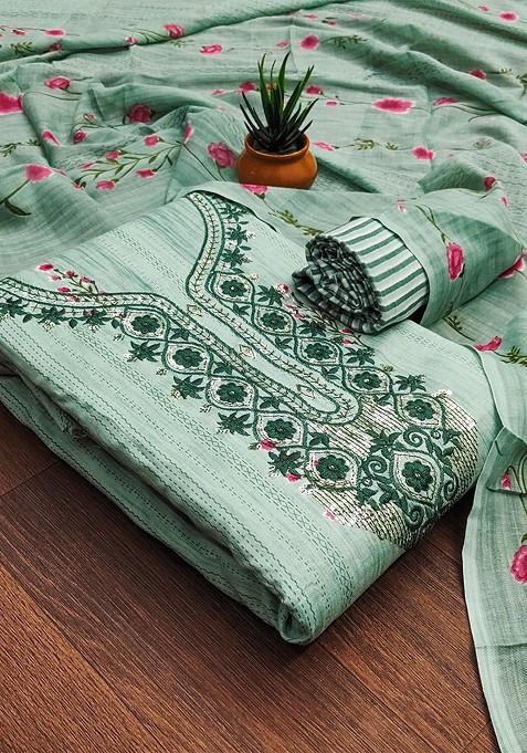 Sea Green Floral Print Poly Blend Kurta Set