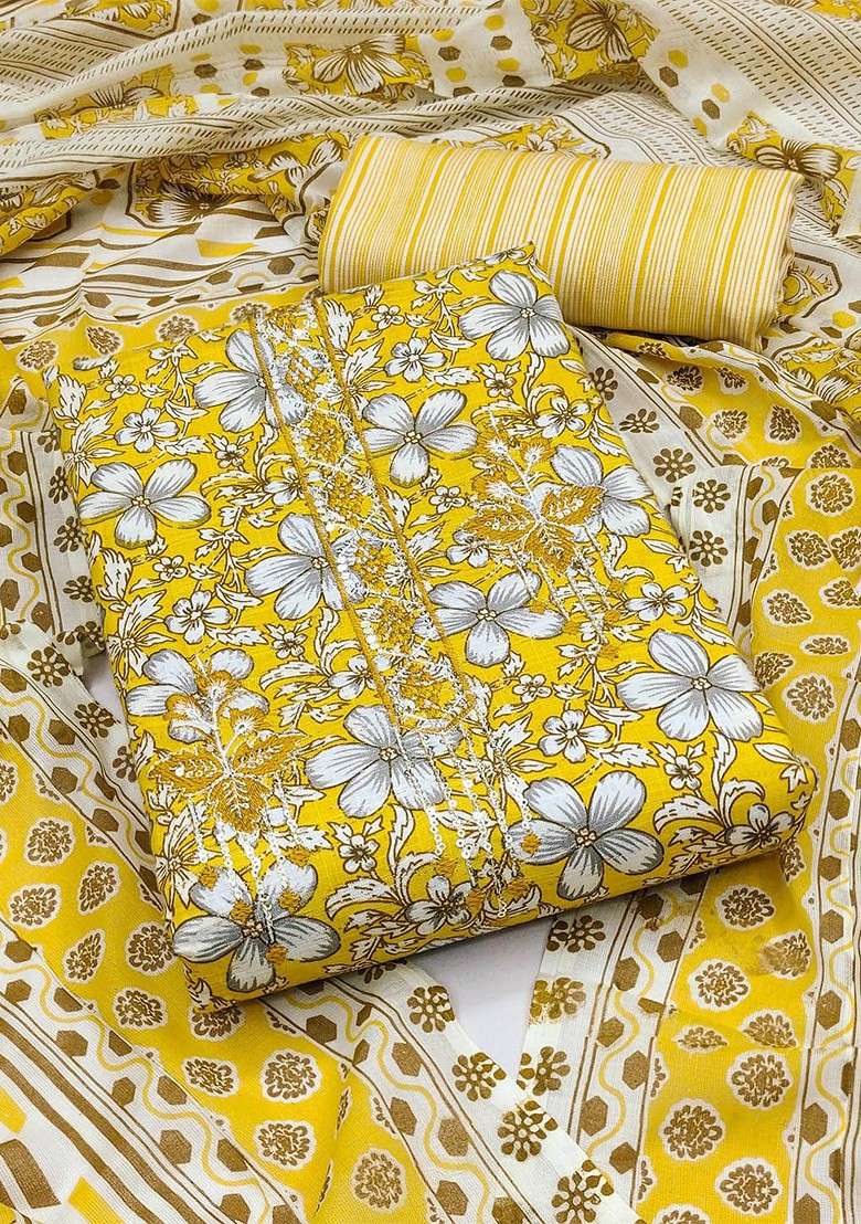 Yellow Floral Print Poly Punjabi Suit - Indya