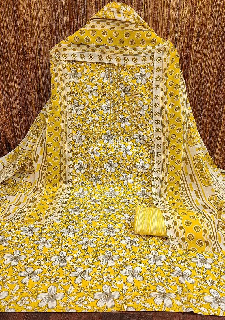 Yellow Floral Print Poly Punjabi Suit - Indya