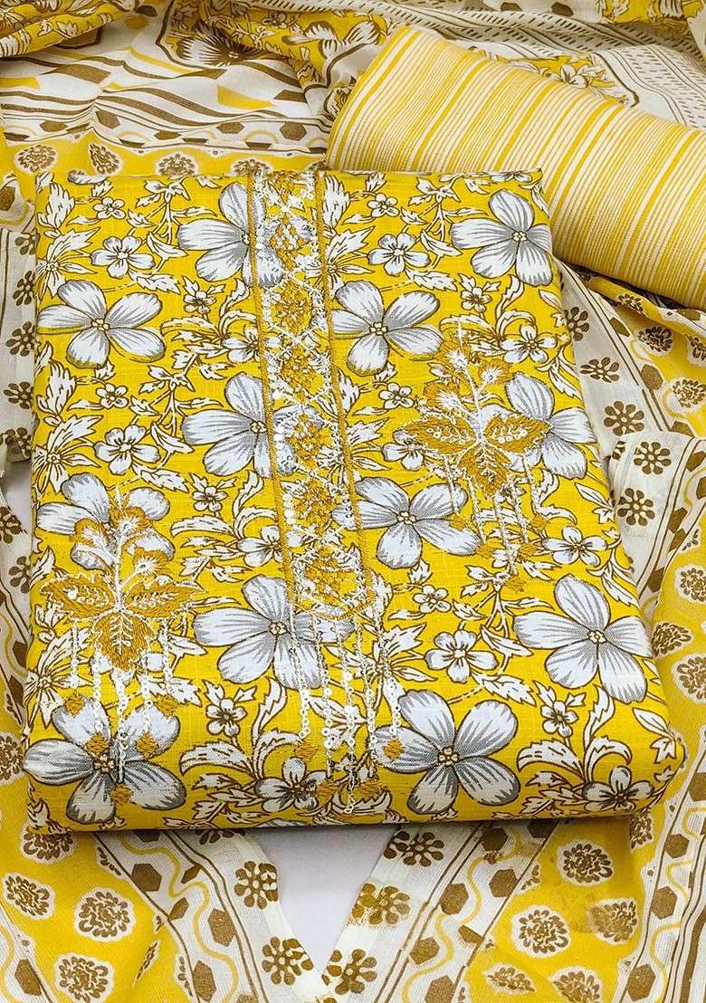 Yellow Floral Print Poly Punjabi Suit - Indya
