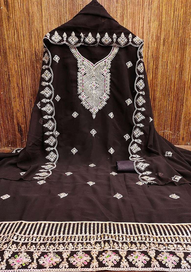 Brown Embroidered Blended Pakistani Suit Set - Indya