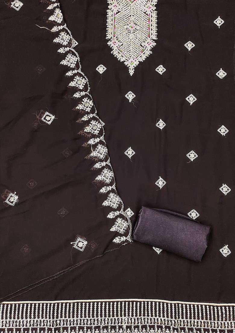 Brown Embroidered Blended Pakistani Suit Set - Indya