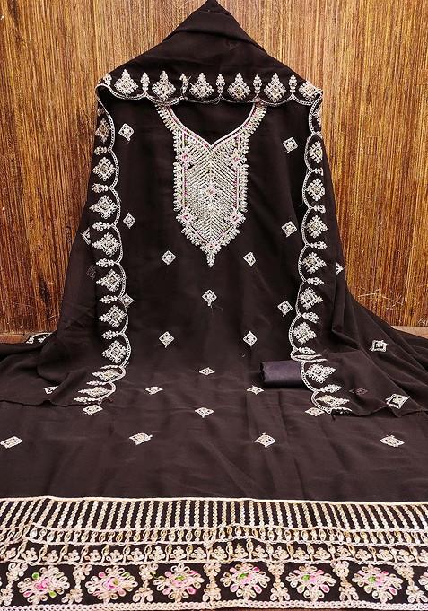 Brown Embroidered Poly Blend Kurta Set