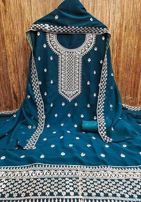 Teal Embroidered Poly Blend Kurta Set