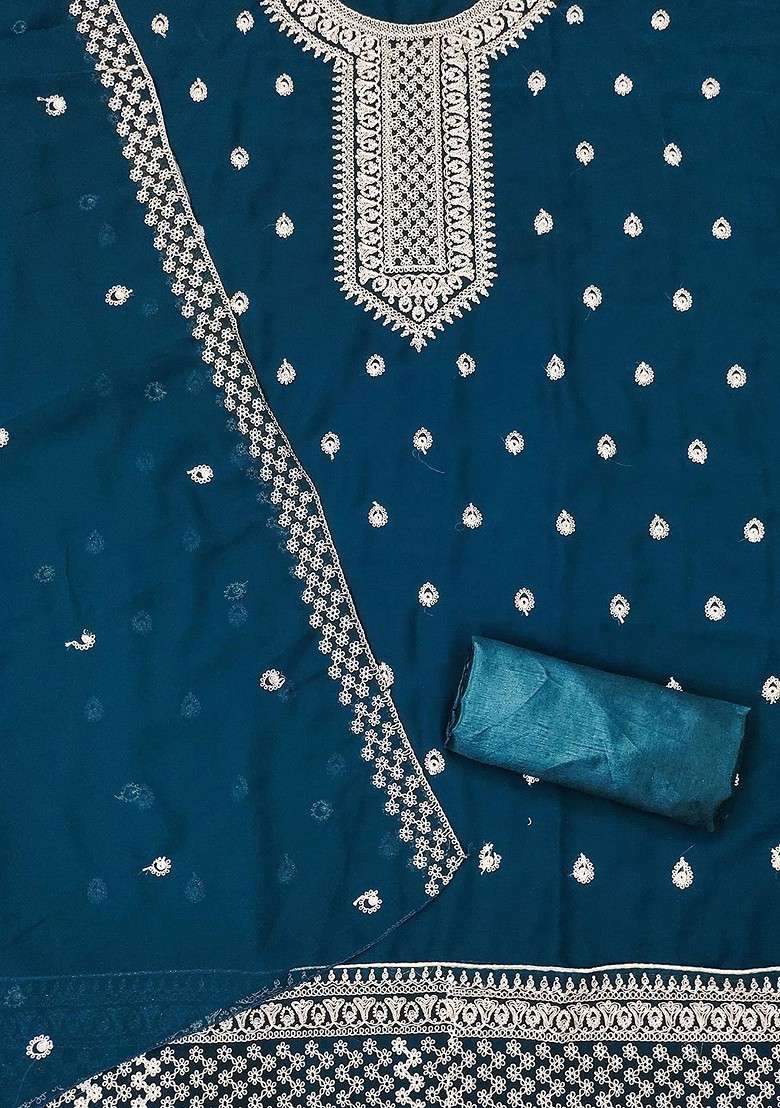 Teal Embroidered Blended Punjabi Suit - Indya