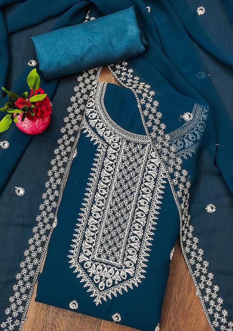 Teal Embroidered Blended Punjabi Suit - Indya
