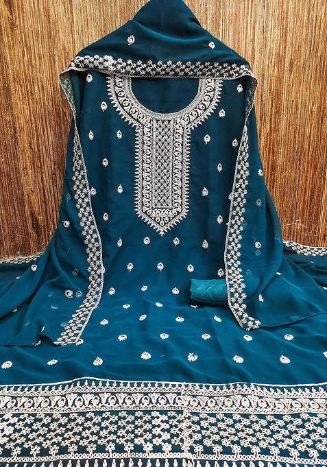 Teal Embroidered Poly Blend Kurta Set