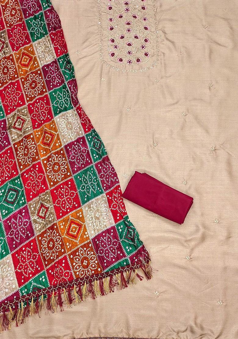 Beige Embroidered Poly Blend Kurta Set - Indya