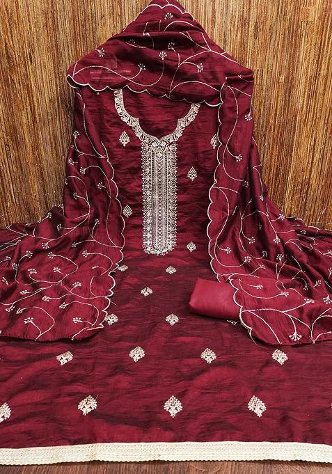 Maroon Embroidered Poly Blend Kurta Set