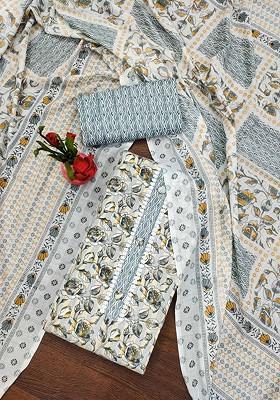 White Floral Print Poly Blend Kurta Set