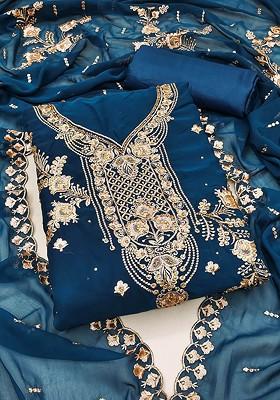 Blue Embellished Poly Blend Kurta Set