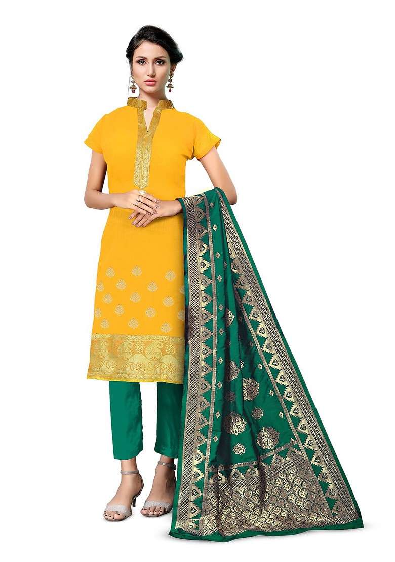 Yellow Woven Banarasi Silk Kurta Set - Indya