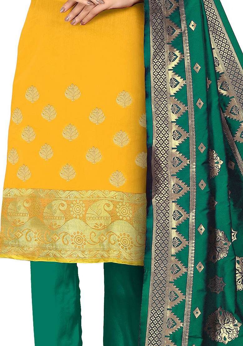 Yellow Woven Banarasi Silk Kurta Set - Indya