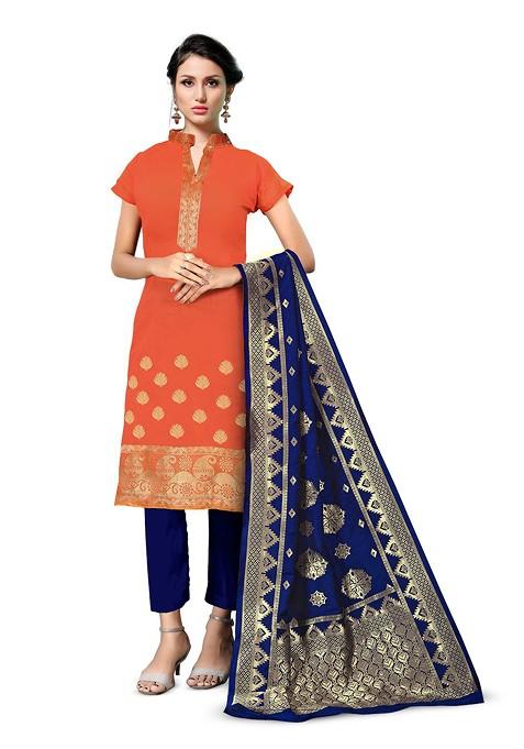 Orange Woven Poly Blend Kurta Set