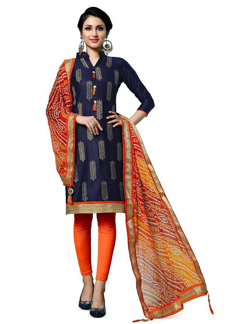 Navy Blue Embroidered Poly Blend Kurta Set - Indya