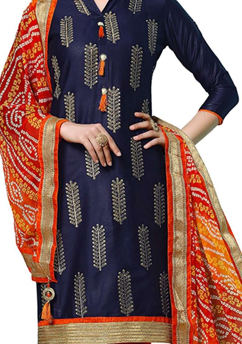 Navy Blue Embroidered Poly Blend Kurta Set - Indya