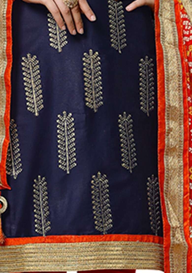 Navy Blue Embroidered Poly Blend Kurta Set - Indya