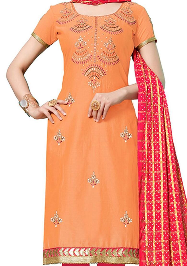 Peach Embroidered Pure Cotton Kurta Set - Indya