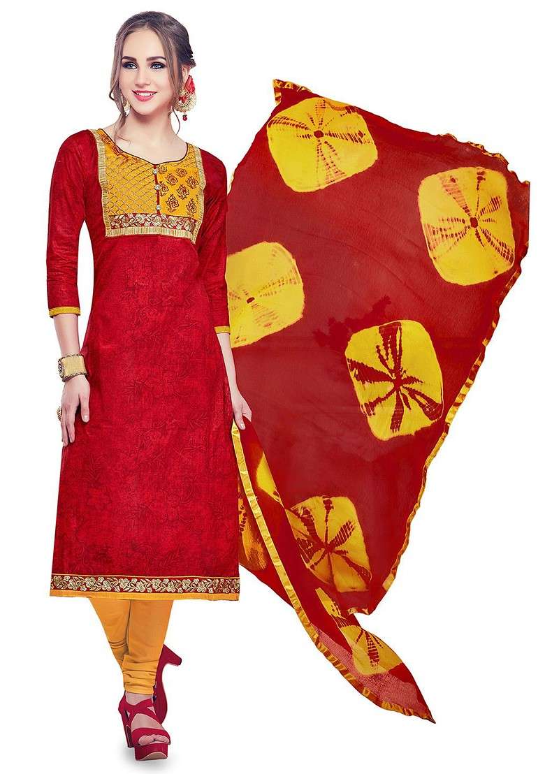 Red Floral Print Poly Blend Kurta Set - Indya
