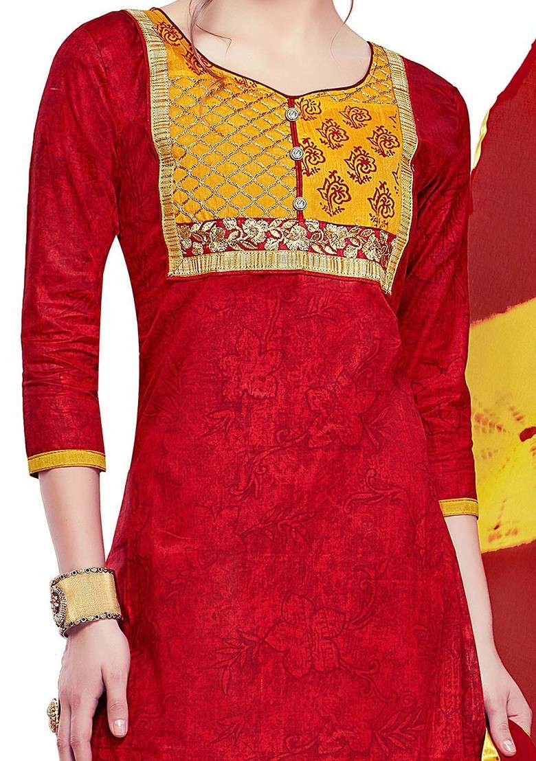 Red Floral Print Poly Blend Kurta Set - Indya