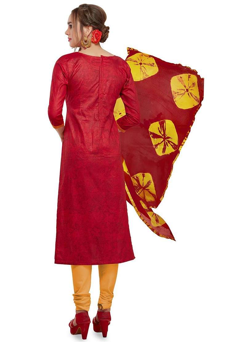 Red Floral Print Poly Blend Kurta Set - Indya