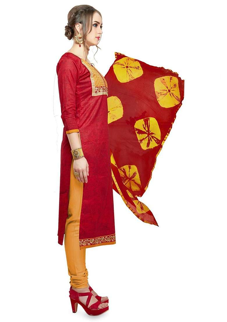 Red Floral Print Poly Blend Kurta Set - Indya