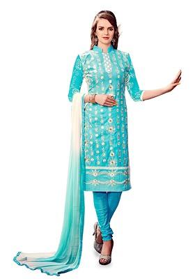 Blue Embroidered Poly Blend Kurta Set