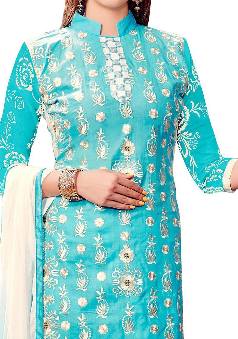 Blue Embroidered Poly Blend Kurta Set - Indya