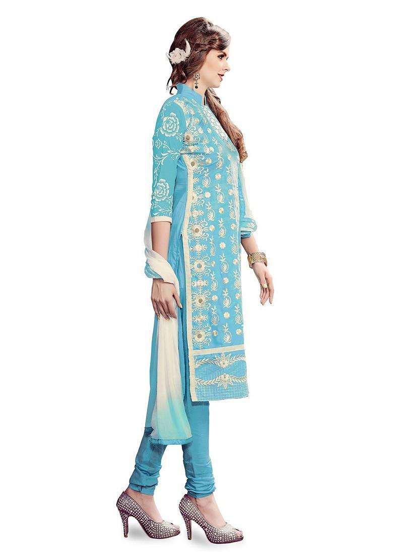 Blue Embroidered Poly Blend Kurta Set - Indya