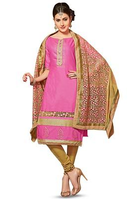 Pink Embroidered Poly Blend Kurta Set