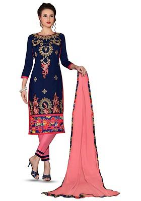 Blue Embroidered Poly Blend Kurta Set