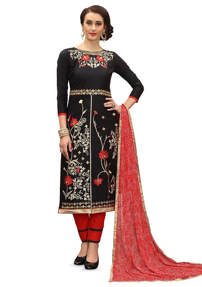 Black Embroidered Poly Blend Kurta Set - Indya