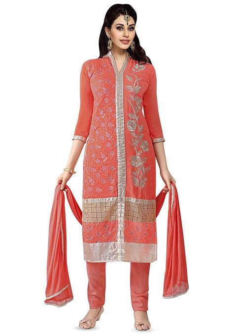 Orange Embellished Silk Georgette Kurta Set