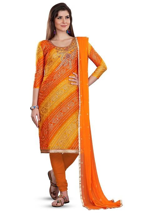 Orange Printed Poly Blend Kurta Set